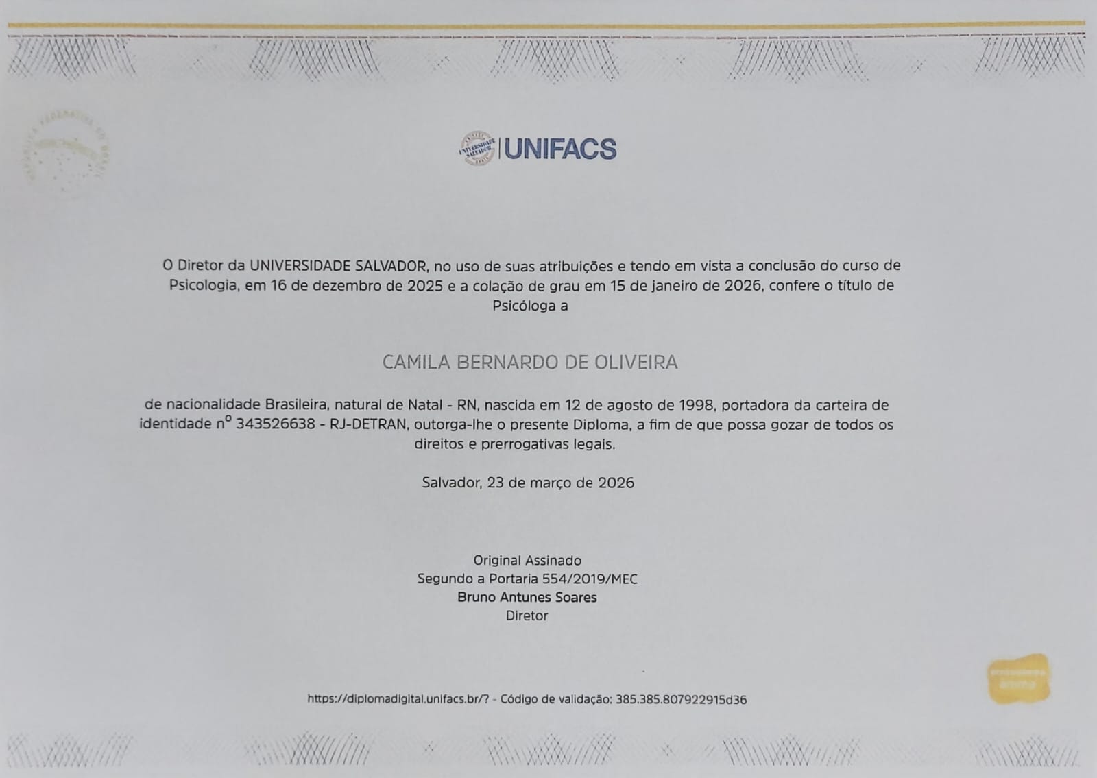 Diploma de Camila Bernardo de Oliveira