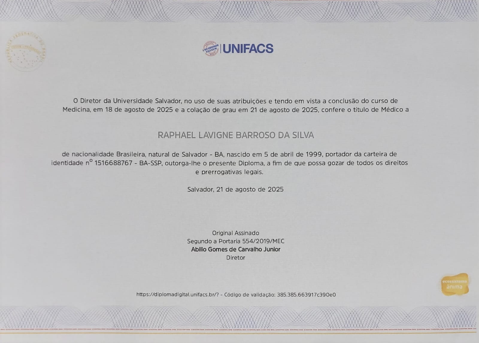 Diploma de Raphael Lavigne Barroso da Silva