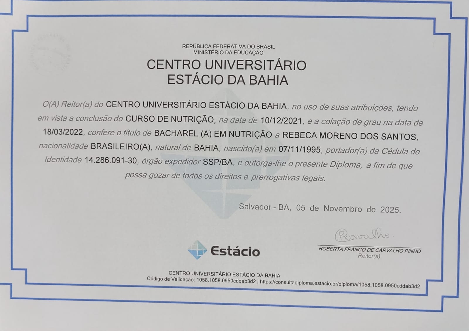 Diploma de Rebeca Moreno dos Santos